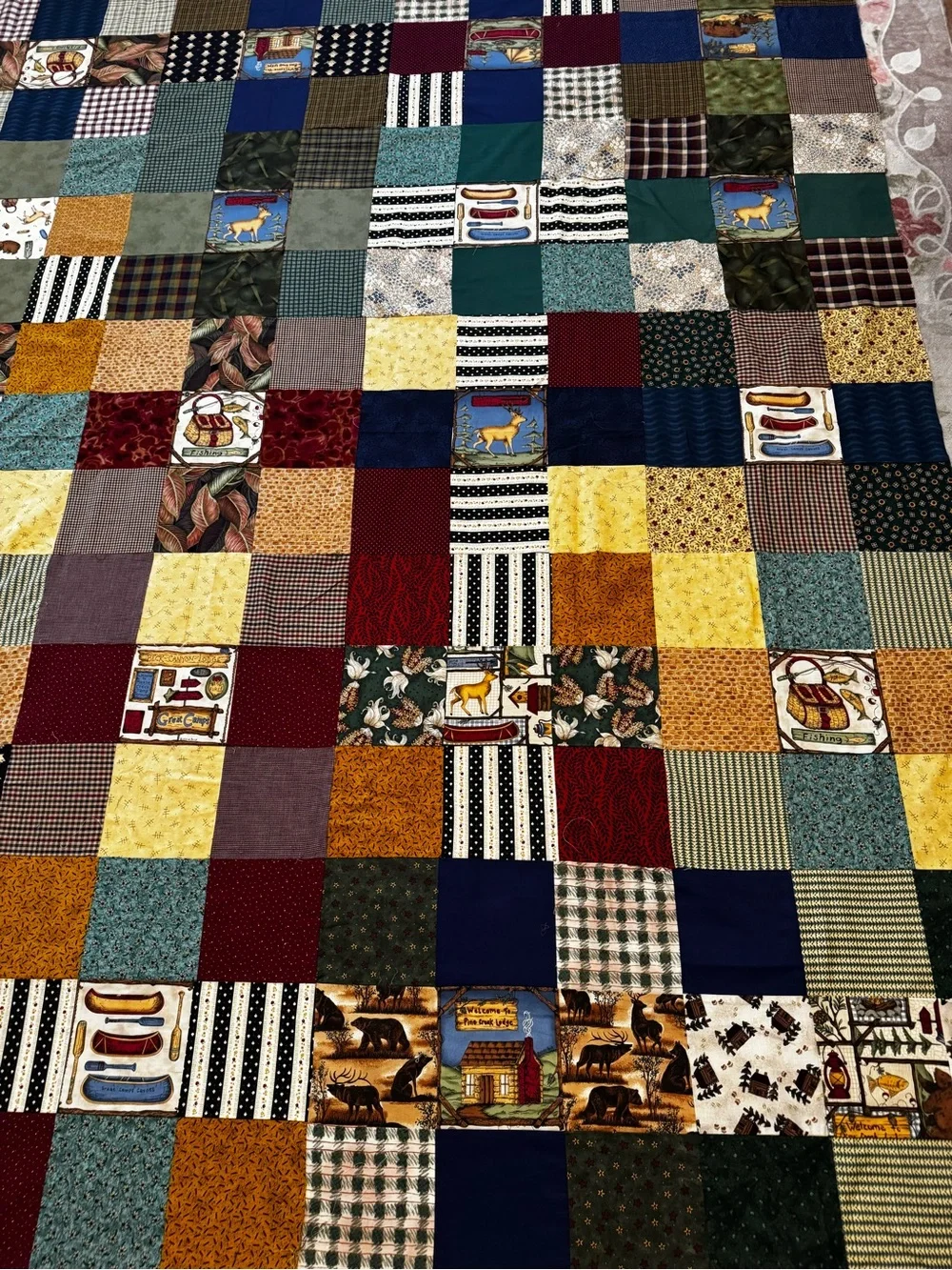 VTG 1999 Leslie Beck Cranston Print Works Queen Quilt Top Patchwork Cabin lodge
